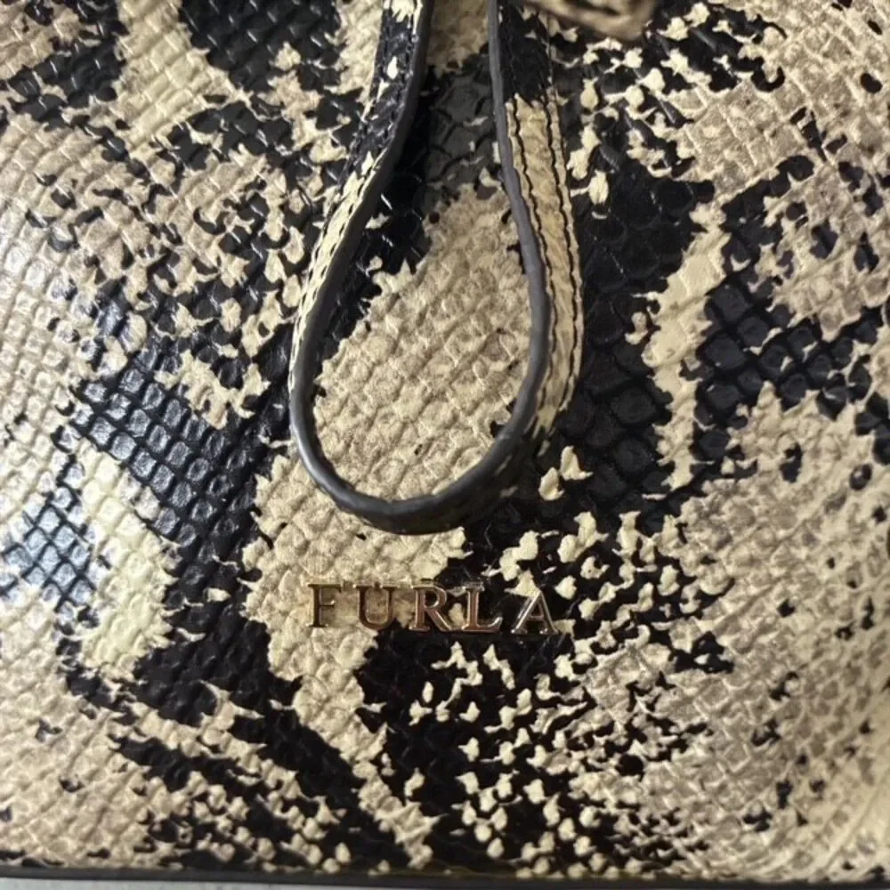 Furla Stacy Snake Print Leather Bucket Bag Crossbody Top Handle EUC